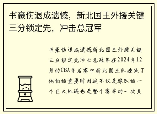 书豪伤退成遗憾，新北国王外援关键三分锁定先，冲击总冠军