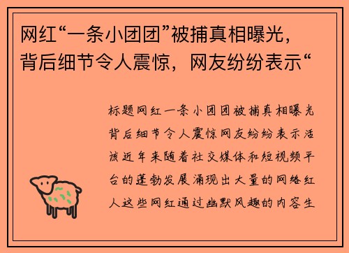 网红“一条小团团”被捕真相曝光，背后细节令人震惊，网友纷纷表示“活该”