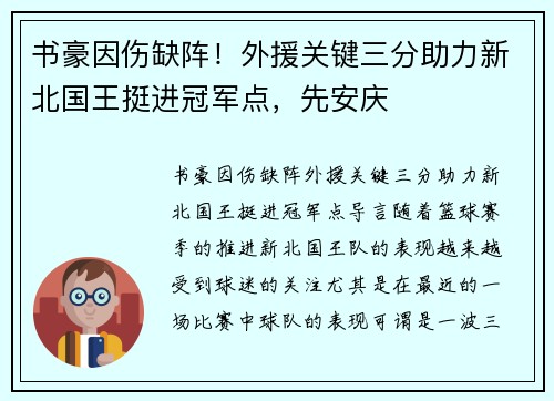 书豪因伤缺阵！外援关键三分助力新北国王挺进冠军点，先安庆