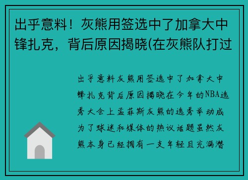 出乎意料！灰熊用签选中了加拿大中锋扎克，背后原因揭晓(在灰熊队打过球的球员)