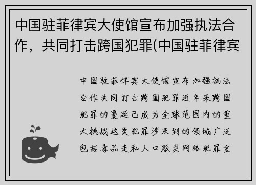 中国驻菲律宾大使馆宣布加强执法合作，共同打击跨国犯罪(中国驻菲律宾大使馆位置)