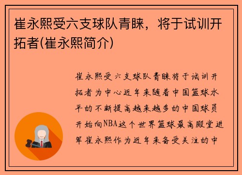 崔永熙受六支球队青睐，将于试训开拓者(崔永熙简介)