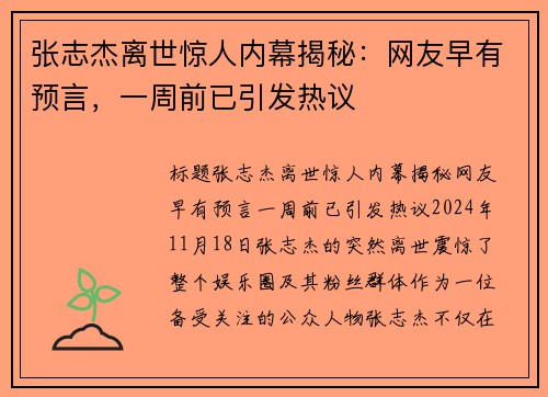 张志杰离世惊人内幕揭秘：网友早有预言，一周前已引发热议
