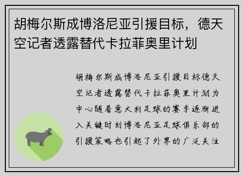 胡梅尔斯成博洛尼亚引援目标，德天空记者透露替代卡拉菲奥里计划