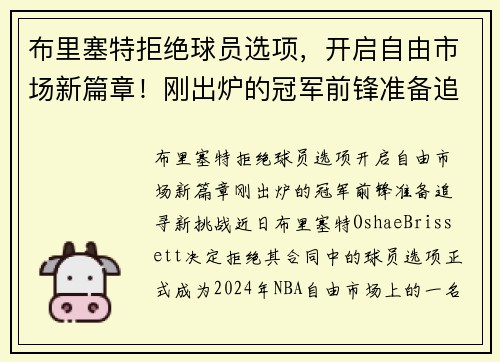 布里塞特拒绝球员选项，开启自由市场新篇章！刚出炉的冠军前锋准备追寻新挑战