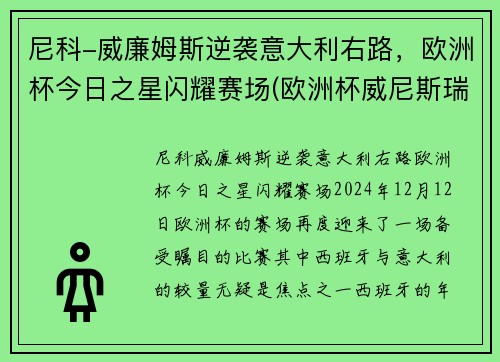 尼科-威廉姆斯逆袭意大利右路，欧洲杯今日之星闪耀赛场(欧洲杯威尼斯瑞士)