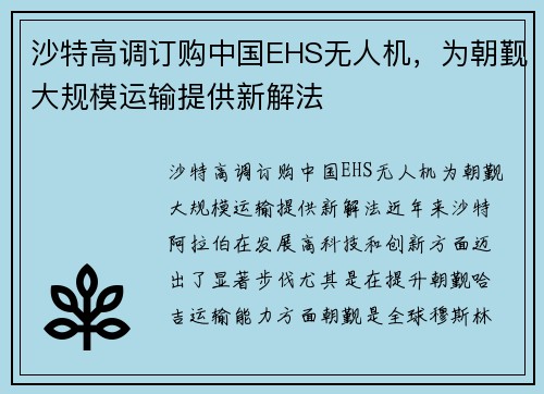 沙特高调订购中国EHS无人机，为朝觐大规模运输提供新解法