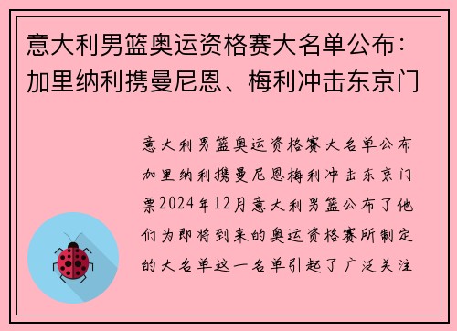意大利男篮奥运资格赛大名单公布：加里纳利携曼尼恩、梅利冲击东京门票