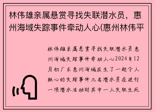 林伟雄亲属悬赏寻找失联潜水员，惠州海域失踪事件牵动人心(惠州林伟平)